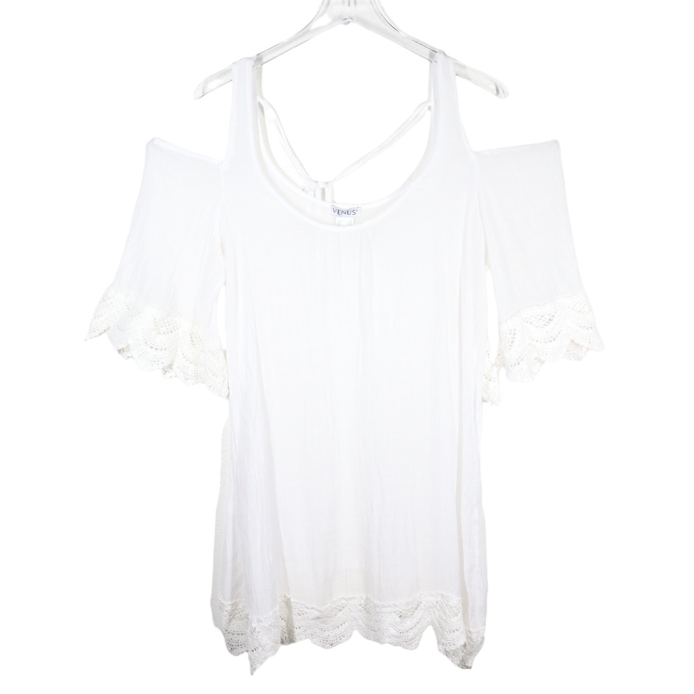 Venus Cold Shoulder Top Size XL White Crochet Lace Blouse Short Sleeve Shirt EUC